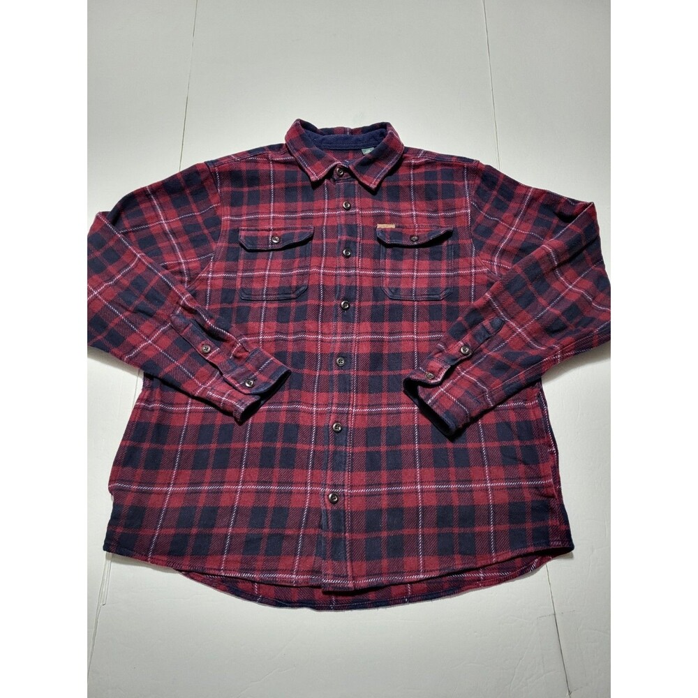 (#L7)Orvis Shirt Jacket Men L/G Red Navy Plaid Flannel Button Front Hand Pockets